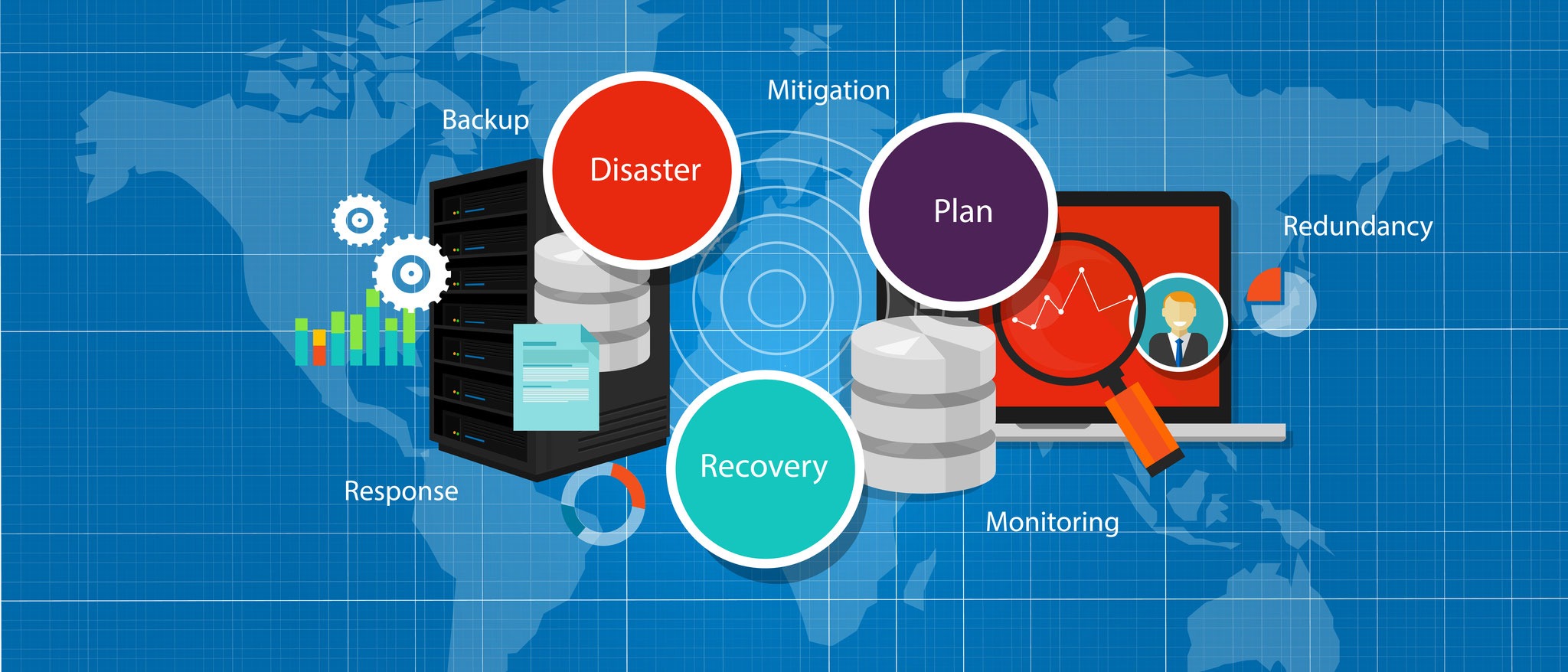 Chart illustrating, disaster backup, plan, recovery over a map illustration