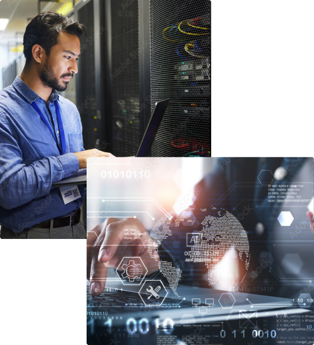 IT technician managing servers and network infrastructure in data center cloud computing and business IT infrastructure with digital network connections