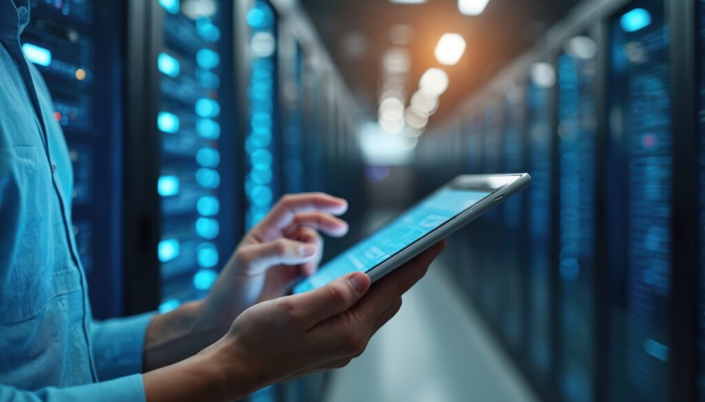 Managed IT services technician using tablet in data center server room