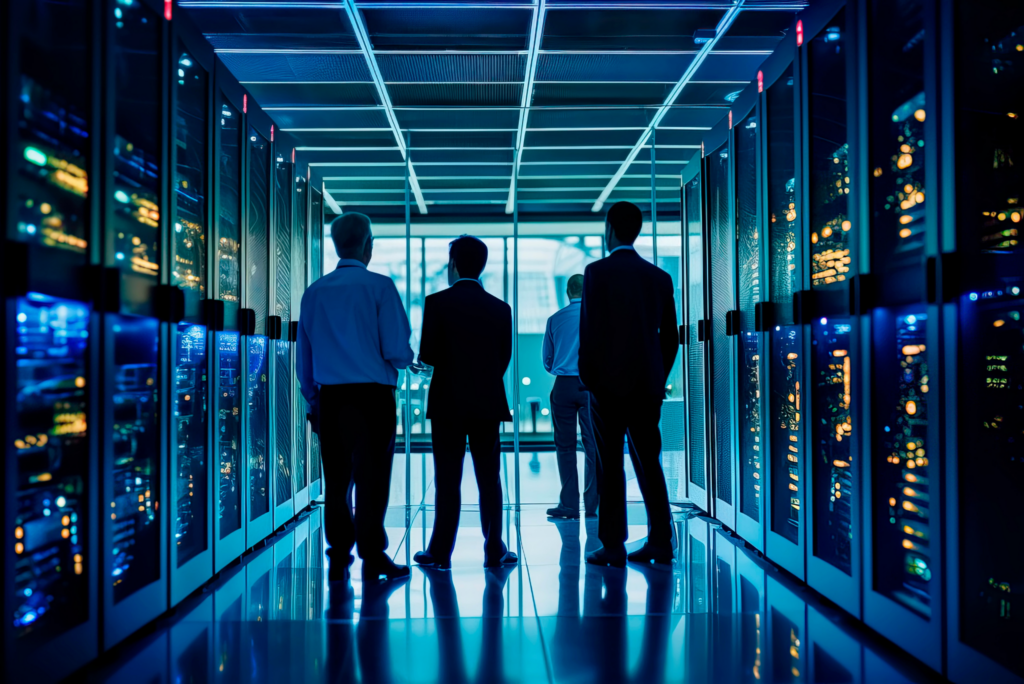 IT team walking through a secure data center representing business continuity and backup solutions