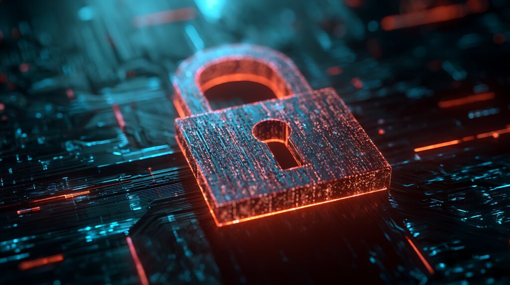 Digital padlock on a circuit board representing access chain security vulnerabilities in business IT systems