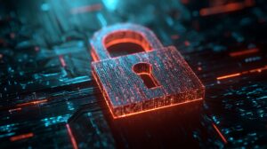 Digital padlock on a circuit board representing access chain security vulnerabilities in business IT systems