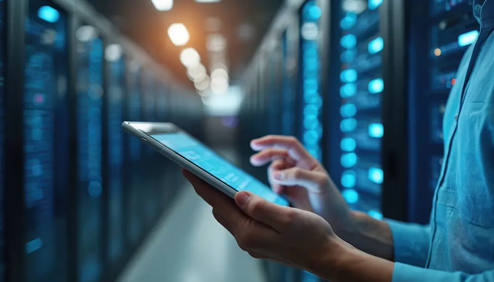 Managed IT services technician using tablet in server room