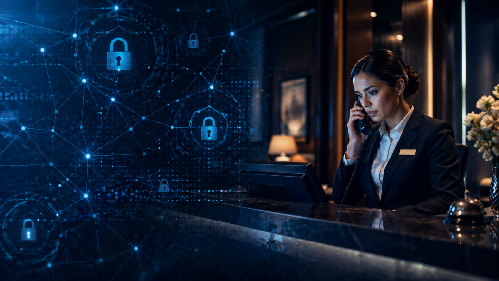 Hotel front desk employee on the phone with digital security lock overlay representing social engineering cybersecurity risks in the hospitality industry