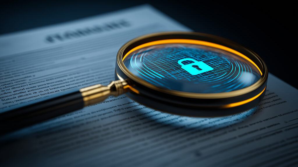Magnifying glass over a legal document with a digital lock representing cybersecurity liability and data breach investigation for law firms