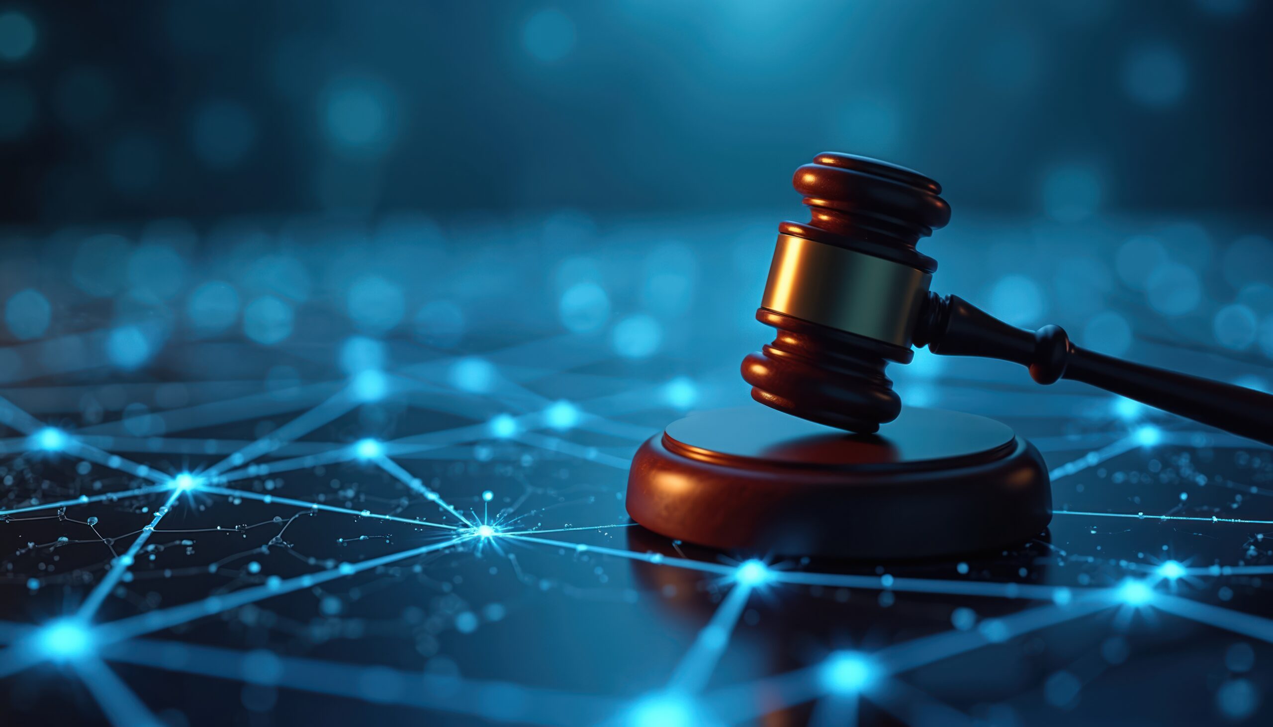 Digital gavel on a network grid representing wire fraud law firms face through business email compromise and cybersecurity risks