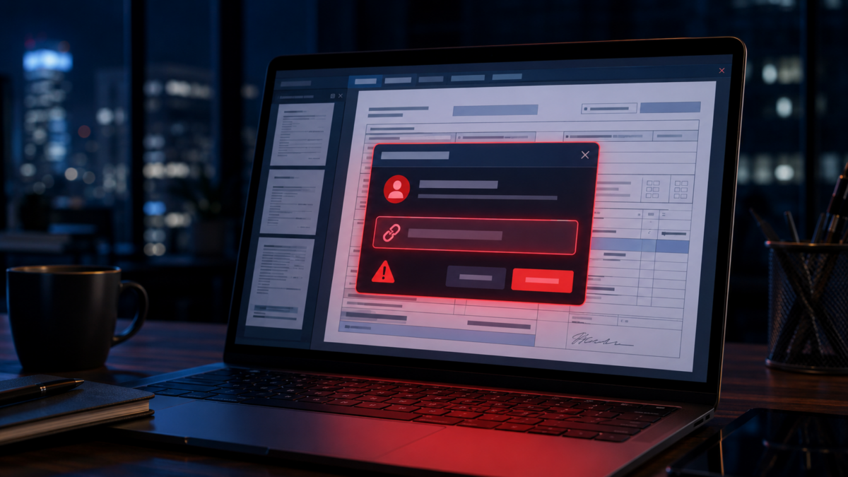 Laptop displaying a tax document with a phishing email warning popup on screen, representing cybersecurity threats targeting CPA firms in Los Angeles