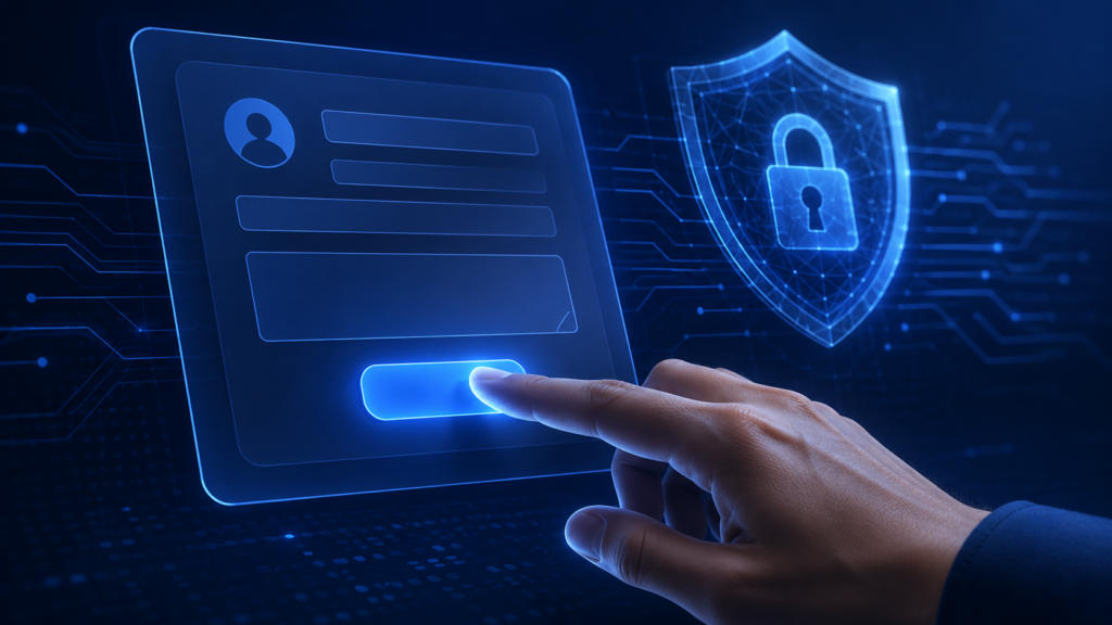 Digital illustration of a contact form submit button with a transparent security shield representing background bot detection by reCAPTCHA
