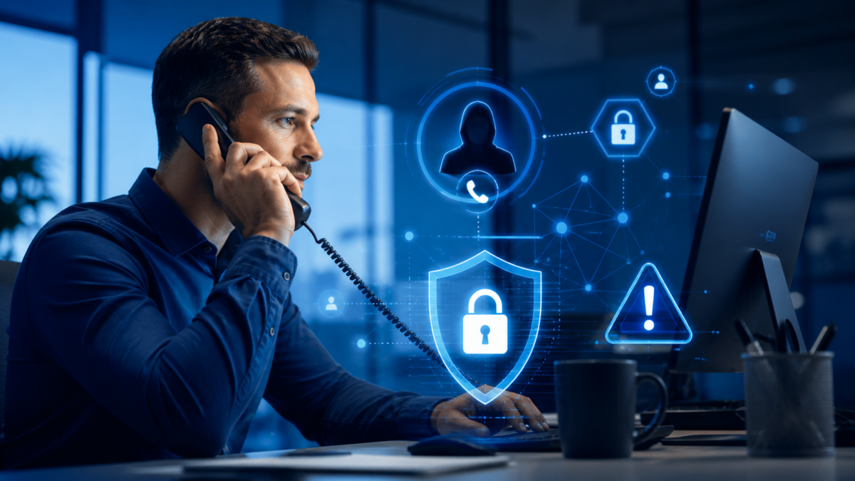 Office worker on landline phone with cybersecurity threat icons representing a vishing attack targeting employee credentials at a Los Angeles business