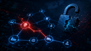 Abstract cybersecurity illustration representing npm supply chain attack targeting Claude Code developer environments in Los Angeles
