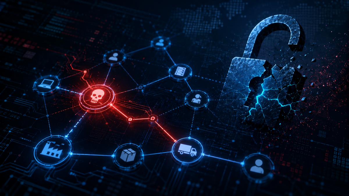 Abstract cybersecurity illustration representing npm supply chain attack targeting Claude Code developer environments in Los Angeles