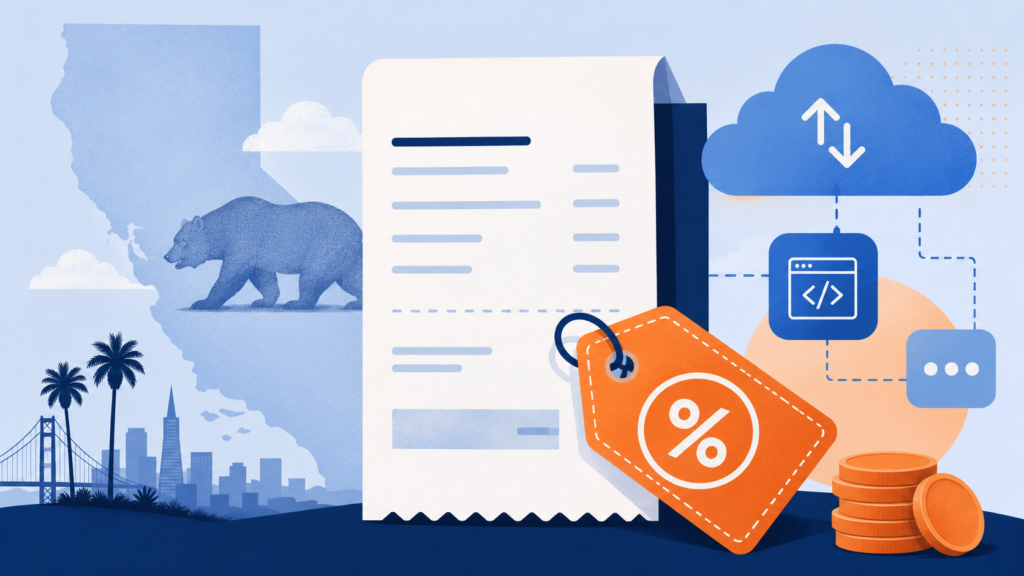 Abstract illustration representing California SaaS sales tax SB 122 impact on Los Angeles businesses starting 2027