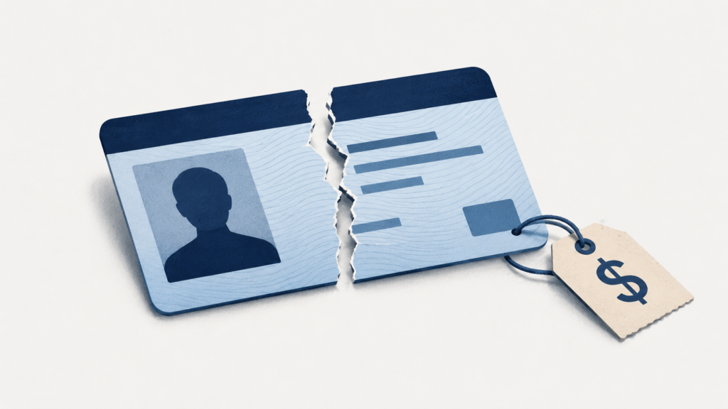 Illustration of a torn identification card with a price tag attached, symbolizing stolen identity being sold