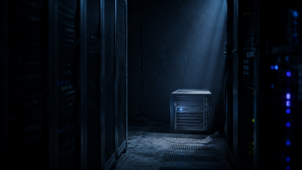 Dimly lit server rack representing an old, unmonitored data storage system