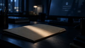 Closed case file folder representing third-party litigation data held by a law firm