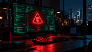 Homepage Computer screen showing scrolling code and a red warning symbol, representing a website security vulnerability